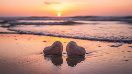 Two heart-shaped stones sit on a serene beach at sunset with warm light reflecting on wet sand and gentle waves.