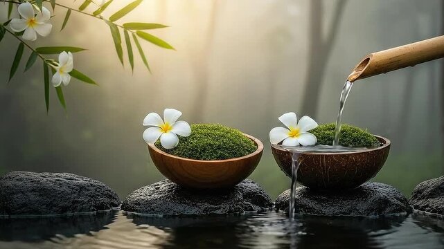 Soothing bamboo fountain flows over rocks and moss in a tropical wellness setting, perfect for relaxation and meditation visuals.