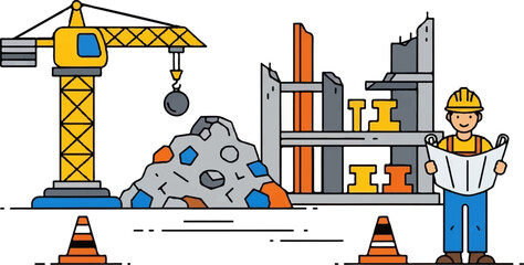 Construction worker with blueprint near crane and building materials