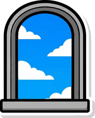 Obraz premium Cartoon window frame opens to a bright blue sky with fluffy white clouds