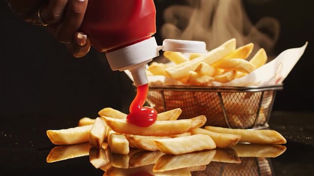 French fries served with condiment on dark background