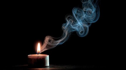 Candle flame burns brightly as smoke swirls up against a dark background