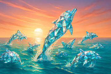 "Geometric Dolphins at Sunset &ndash; Abstract Ocean Scene with Crystalline Marine Life and Vibrant Sky"