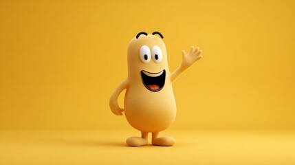 Cartoon character with a smiling face and waving hand, against a yellow background