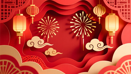 Traditional Chinese New Year paper-cut fireworks and lanterns