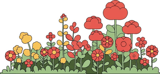 A colorful, stylized illustration of a flower garden with red and yellow blossoms