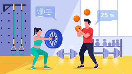 Man and woman exercising together in a modern fitness gym.