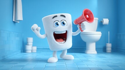 Cartoon roll of paper towel character enthusiastically shouts with megaphone in blue bathroom
