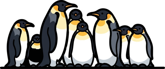 Obraz premium A stylized illustration of a family of penguins with varying sizes, standing close together