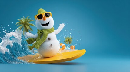 Cheerful snowman with sunglasses surfs a wave in tropical setting; beach, palms, water