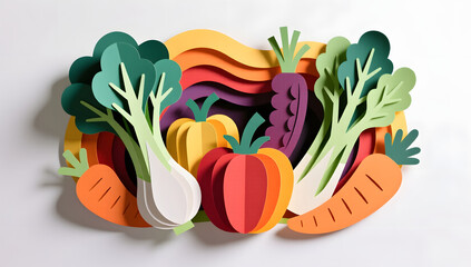 Creative paper-cut art style 3D fruit and vegetable shapes