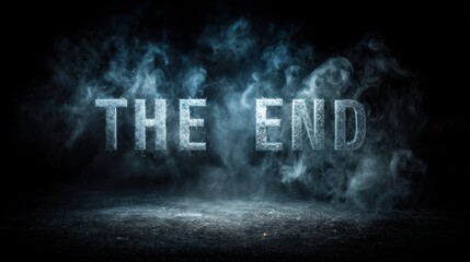 Cinematic text "THE END" emerges from icy fog on a dark backdrop, creating dramatic effect