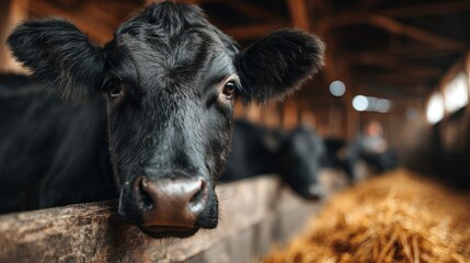 Close-up of a black cow looking directly at the camera inside a rustic wooden barn