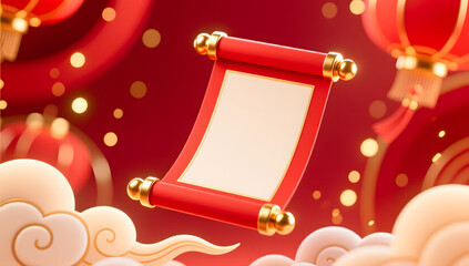 Red imperial decree floating above clouds for festival