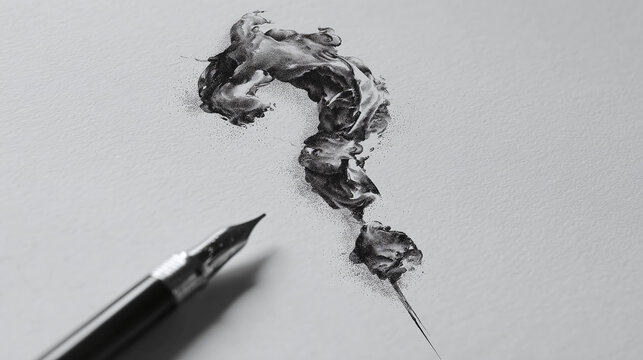 Ink question mark and a pen. The image evokes a sense of thought and introspection.