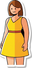 A simplified illustration of a woman in a yellow sleeveless dress with a red belt