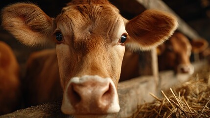 Close-up of a brown cow peering at the viewer from a rustic barn stall