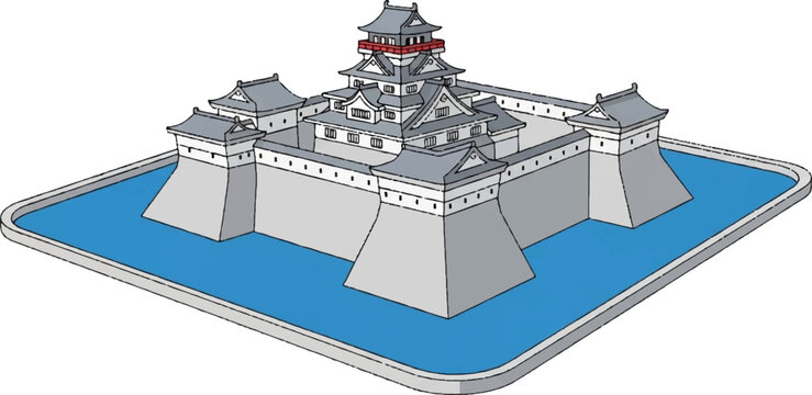 Stylized illustration of a traditional Japanese castle, with grey tiered roofs, white walls, and a blue moat