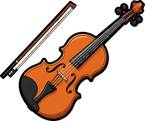 A cartoon-style illustration of an orange violin and bow, presented on a white background