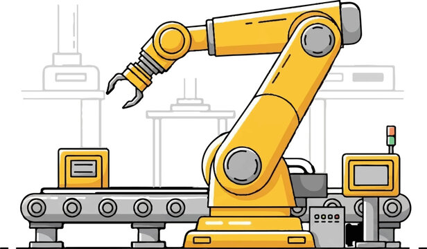 Automated robotic arm operating on a conveyor belt with a control panel