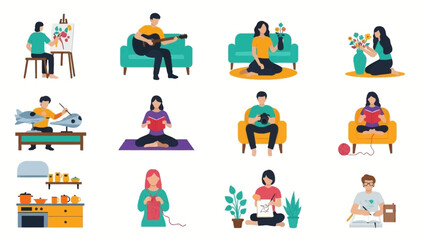 Collection of people engaging in various leisure activities at home.