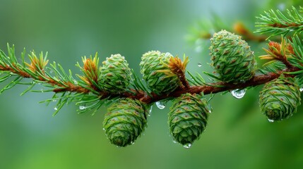 Close-up of a coniferous branch with vibrant green cones, fresh water drops, and soft bokeh background