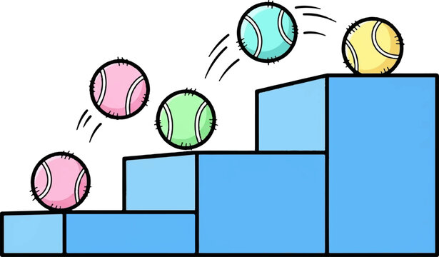 Cartoon bouncing balls of different colors ascend a blue staircase illustration