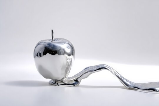 Reflective chrome apple with fluid metallic stream on white background