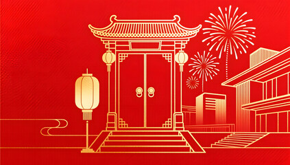 Elegant gold line art of Chinese gate on red background