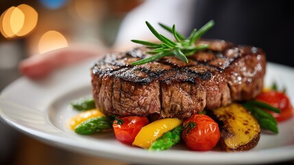 Close-up of a grilled steak, topped with rosemary, on a bed of vegetables