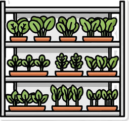 Shelves hold potted plants for indoor gardening