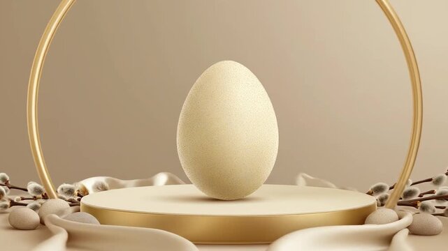 Elegant beige Easter egg on gold podium with pussy willows and neutral fabric background