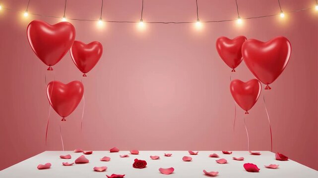 Valentine's Day celebration setup with heart-shaped balloons and rose petals on a white table against a pink background with string lights