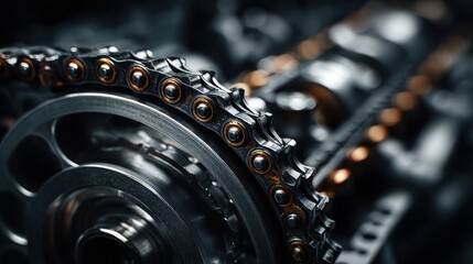 Close-up of a machine's intricate gears and chain system, emphasizing metal textures