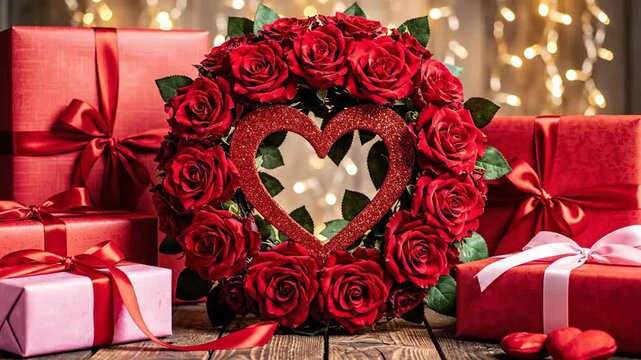 Valentine's Day gifts and roses on a wooden table with heart-shaped decorations and fairy lights in the background for a romantic celebration