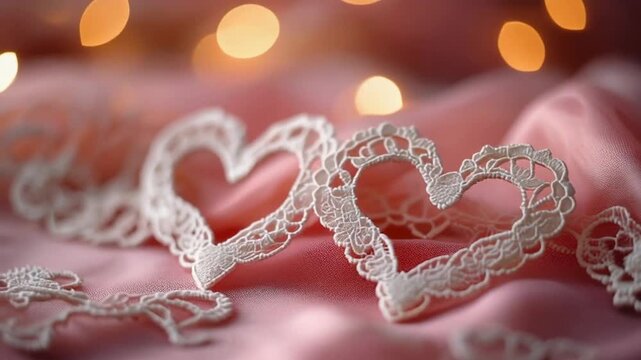 White lace heart shapes on pink satin with bokeh lights for Valentine's Day or love-themed backgrounds