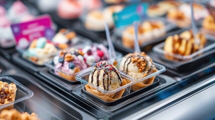 Assortment of decorative frozen dessert portions displayed within a refrigerated case