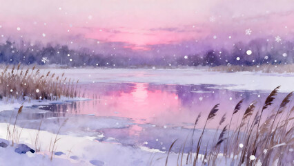 A serene winter lake reflecting soft pink and purple dusk
