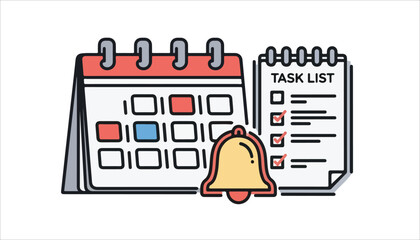 Illustration of a calendar, a task list, and a bell icon, symbolizing time management, planning, and notifications.