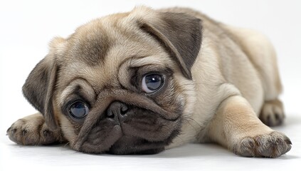 Pug puppy lying down on white background animal
