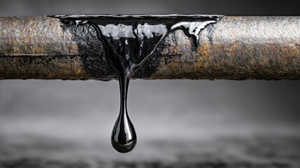 Close-up of a rusty metal pipe with thick black liquid dripping from a crack