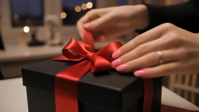 Woman tying red ribbon on black gift box at night on table by window with city lights