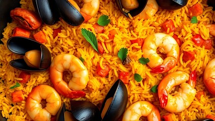 Spanish seafood paella with shrimp and mussels, vibrant overhead shot.