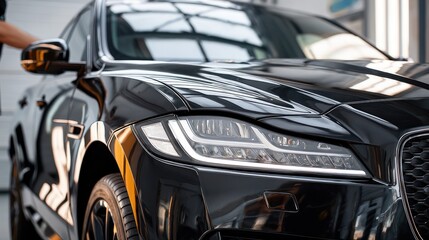 Close-up of a sleek, black luxury vehicle's front, showcasing headlights and shiny paint