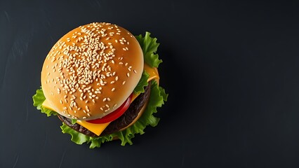 Fresh burger with lettuce and cheese isolated on a dark slate background.