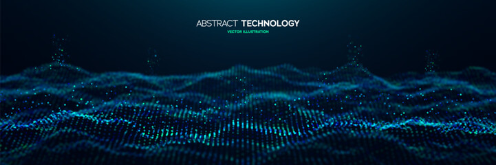 Abstract Technology Background With Digital Waves And Glowing Particles Representing Big Data And Artificial Intelligence. High Tech Technology Backgrounds For Design. Vector Illustration
