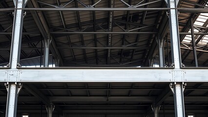 Steel frame construction detail in an industrial workshop with architectural structure.