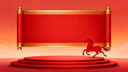 A festive New Year scene framed by a red scroll and galloping horse