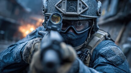 Close-up of a soldier aiming a weapon, covered in snow, with a background of debris