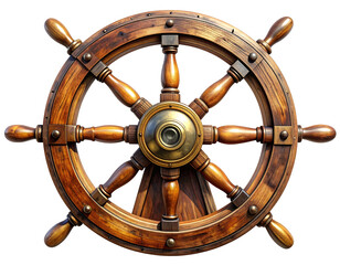 Weathered Wooden Ship Wheel with Brass Hub